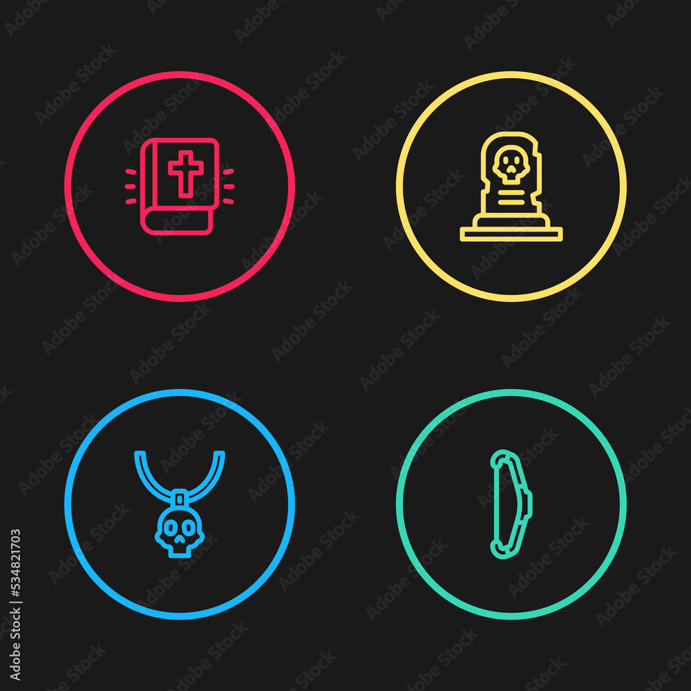 Sticker Set line Necklace amulet, Medieval bow, Grave with tombstone and Holy bible book icon. Vector