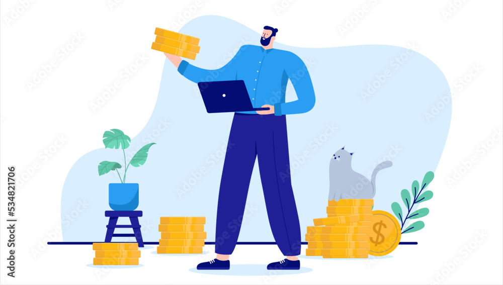 Poster earning and making money - vector cartoon character of rich man with computer and lots of coins. fla