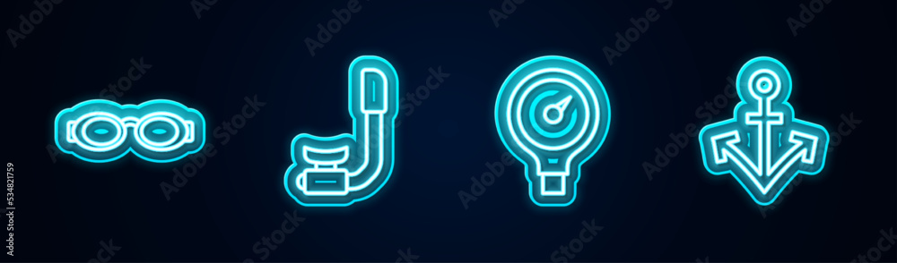 Sticker Set line Glasses for swimming, Snorkel, Gauge scale and Anchor. Glowing neon icon. Vector