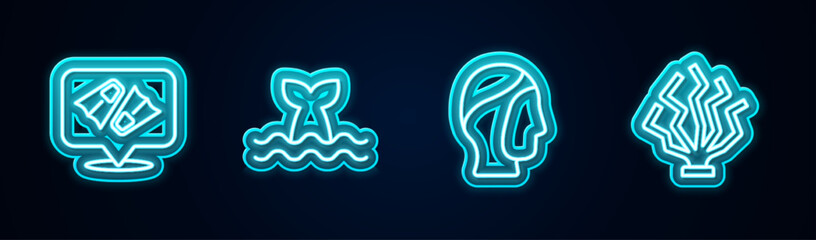 Set line Flippers for swimming, Whale tail, Diving hood and Coral. Glowing neon icon. Vector