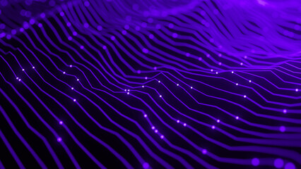 Abstract Wave Background. Digital Purple Background With Dot And Line Waves. Futuristic Background For Business and technology. Network Connection Structure. Big Data. Depth of field. 3D rendering