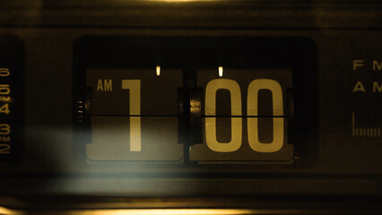 Flip Clock. 1 am. Vintage Clock Face. Retro Flip Clock. Groundhog day style. Old-style radio analog...