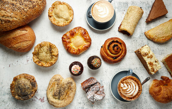 Flat lay of pastries and bread