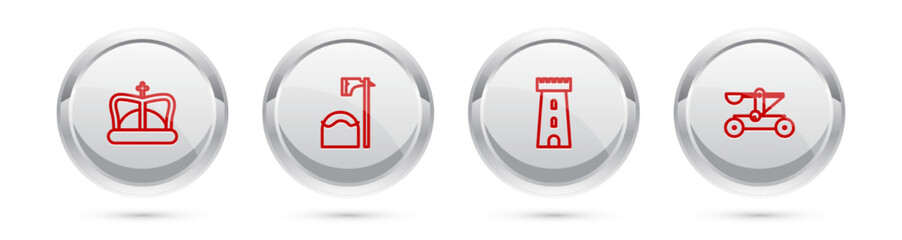 Set line King crown, Executioner axe tree block, Castle tower and Catapult shooting stones. Silver circle button. Vector