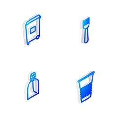 Set Isometric line Disposable plastic fork, Trash can, Bottle of liquid soap and Paper glass icon. Vector