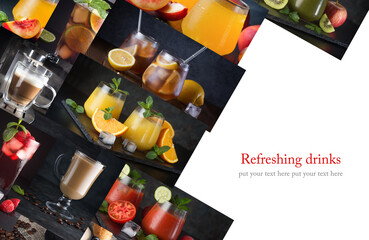A set of various refreshing drinks and cocktails on a black background. The concept for the bar menu.