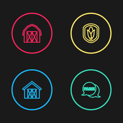 Set line Farm house, Speech bubble with, Shield corn and icon. Vector