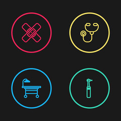 Set line Operating table, Tooth drill, Stethoscope and Crossed bandage plaster icon. Vector