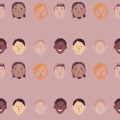 a group of smiling men, many people, different nationalities in pastel colors on a pink background. concept of individuality and unity