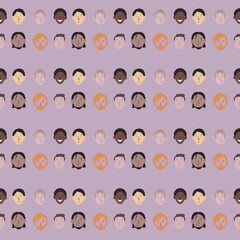  many individuals, of different nationalities in pastel colors on a lilac background. concept of individuality and unity