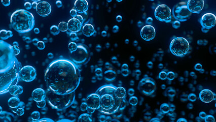Underwater bubbles. Abstract blue bubble background. Distribution of bubbles. Nice 3d spheres with reflection. Macro shot of various air bubbles in water. 3D rendering