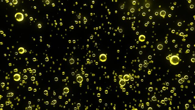 Underwater bubbles. Abstract yellow bubble background. Distribution of bubbles. Nice 3d spheres with reflection. Macro shot of various air bubbles in water. 3D rendering