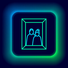 Glowing neon line Picture frame on table icon isolated on black background. Valentines Day symbol. Colorful outline concept. Vector