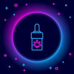 Obraz premium Glowing neon line Medical marijuana or cannabis leaf olive oil drop icon isolated on black background. Cannabis extract. Hemp symbol. Colorful outline concept. Vector