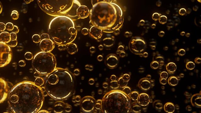 4K Underwater bubbles. Abstract orange bubble background. Distribution of bubbles moving from bottom to top. Nice 3d spheres with reflection. Macro shot of various air bubbles in water. 3D animation