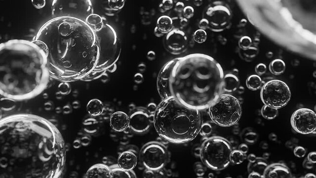 4K Underwater bubbles. Abstract white bubble background. Distribution of bubbles moving from bottom to top. Nice 3d spheres with reflection. Macro shot of various air bubbles in water. 3D animation