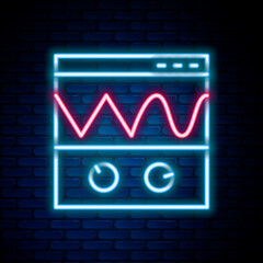 Glowing neon line Oscilloscope measurement signal wave icon isolated on brick wall background. Colorful outline concept. Vector