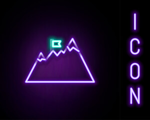 Glowing neon line Mountains with flag on top icon isolated on black background. Symbol of victory or success concept. Goal achievement. Colorful outline concept. Vector