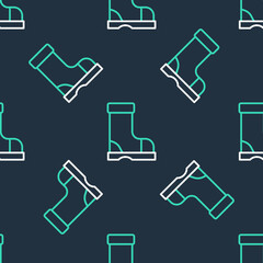 Line Waterproof rubber boot icon isolated seamless pattern on black background. Gumboots for rainy weather, fishing, gardening. Vector