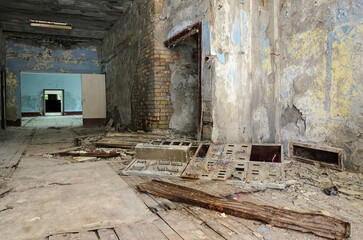 Details of a left building in Prypiat, in the Chernobyl exclusion zone, Ukraine