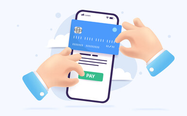 Mobile payment - Phone with credit card and hands clicking pay button. Vector illustration
