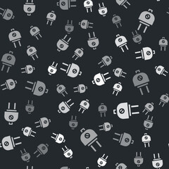 Grey Electric plug icon isolated seamless pattern on black background. Concept of connection and disconnection of the electricity. Vector