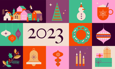 Collection of Christmas decorations, holiday gifts, winter elements, candles, Christmas tree, dove, village and hot chocolate. Colorful vector illustration in flat geometric cartoon style