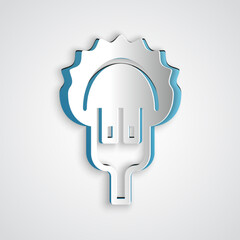 Paper cut Dumplings on fork icon isolated on grey background. Pierogi, varenyky, pelmeni, ravioli. Traditional Ukrainian food. Paper art style. Vector