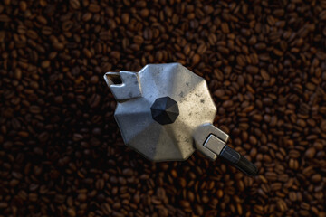 Italian geyser coffee maker on a background of coffee beans