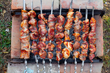 Juicy fried barbecue on a brick grill. Cooking meat for a picnic