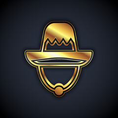 Gold Traditional mexican sombrero hat icon isolated on black background. Vector