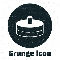 Grunge Cake with burning candles icon isolated on white background. Happy Birthday. Monochrome vintage drawing. Vector