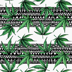 Seamless pattern of green cannabis on an abstract black and white background. The pattern of marijuana. Botanical illlustration