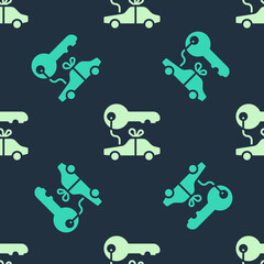 Green and beige Car gift icon isolated seamless pattern on blue background. Car key prize. Vector