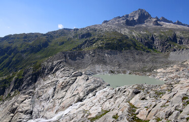 The Rhone Glacier, the source of the Rhone River at Furka Pass in the Swiss Alps