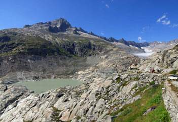 The Rhone Glacier, the source of the Rhone River at Furka Pass in the Swiss Alps, Europe