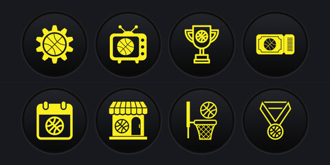 Set Basketball on sport calendar, game ticket, Sports shop and basketball, Award cup with, match tv, medal and Planning strategy concept icon. Vector