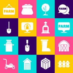 Set Garden fence wooden, Farm house, Location farm, Tree, Shovel, Signboard with text and Full sack icon. Vector