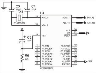 Vector electrical circuit with microcontroller, resistor, capacitor.
