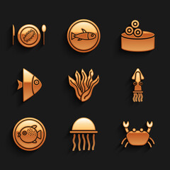 Set Seaweed, Jellyfish, Crab, Octopus, Puffer on plate, Fish, Tin can with caviar and Served cucumber icon. Vector