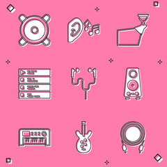 Set Stereo speaker, Ear listen sound signal, Movie spotlight, Music playlist, Air headphones, synthesizer and Electric bass guitar icon. Vector