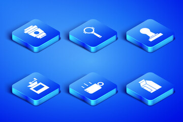 Set Bag of coffee beans, Coffee cup to go, Manual grinder, filter holder and tamper icon. Vector