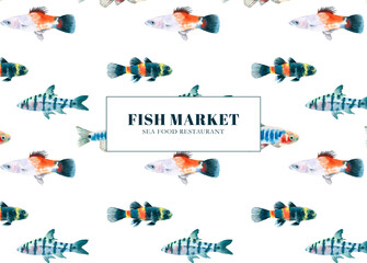 Watercolor fish market, sea food restaurant design illustration, flyer, business card, poster, print. Printable, seamless pattern, decoration,white background, sea, ocean, swimming fishes, animal diy