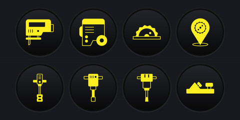 Set Electrical hand concrete mixer, Circular saw blade, Construction jackhammer, circular, Power electric generator, Wood plane tool and jigsaw icon. Vector