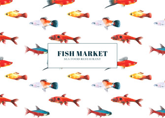 Watercolor fish market, sea food restaurant design illustration, flyer, business card, poster, print. Printable, seamless pattern, decoration,white background, sea, ocean, swimming fishes, animal diy