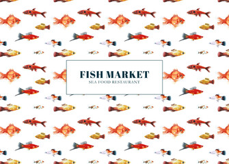 Watercolor fish market, sea food restaurant design illustration, flyer, business card, poster, print. Printable, seamless pattern, decoration,white background, sea, ocean, swimming fishes, animal diy