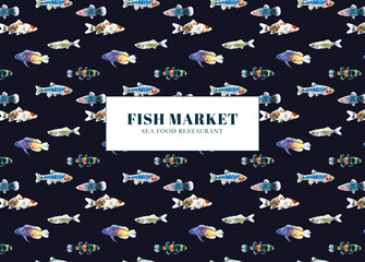 Watercolor fish market, sea food restaurant design illustration, flyer, business card, poster, print. Printable, seamless pattern, decoration, dark background, brown, blue, indigo, black, sea, ocean
