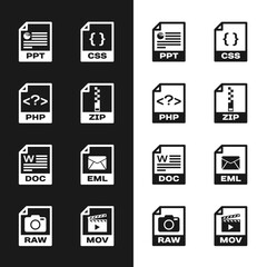 Set ZIP file document, PHP, PPT, CSS, DOC and EML icon. Vector