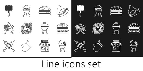 Set line Barbecue grill, Burger, with steak, Crossed fork and spatula, steel grid, and icon. Vector