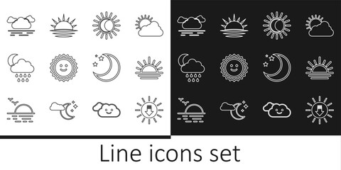 Set line Sunset, Eclipse of the sun, Cloud with rain and moon, Moon stars and icon. Vector - obrazy, fototapety, plakaty